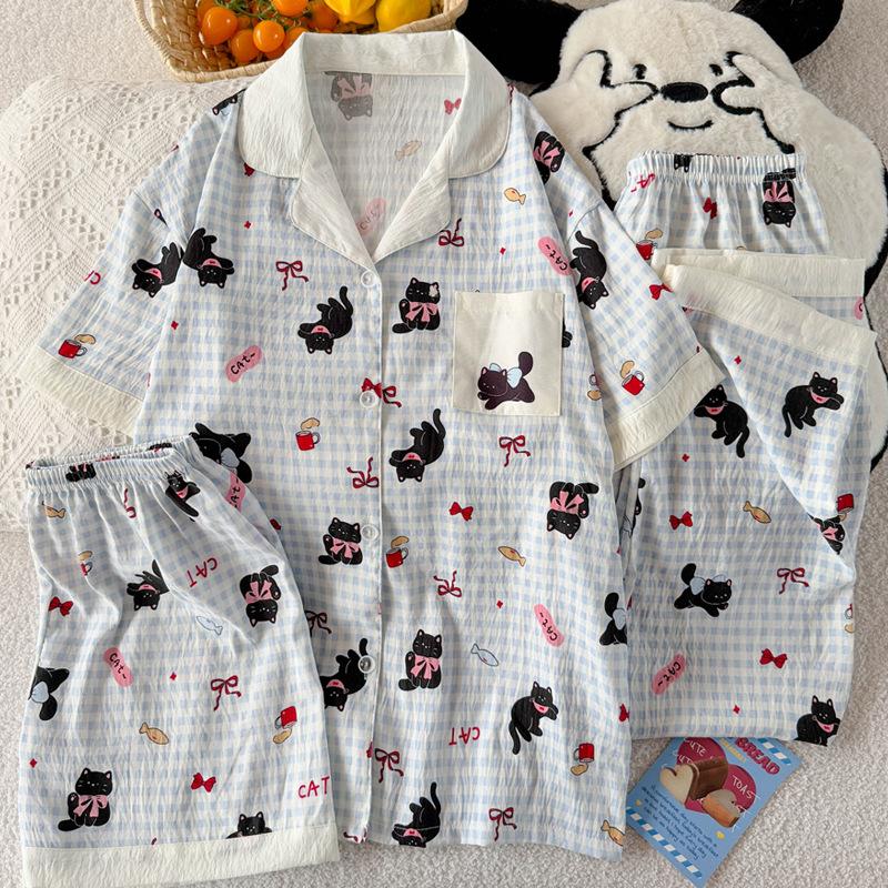 Cute Black Cat Printed Pajamas Women'S Skin-Friendly And Breathable Three-Piece Loungewear Summer Short-Sleeved Cloud Cotton