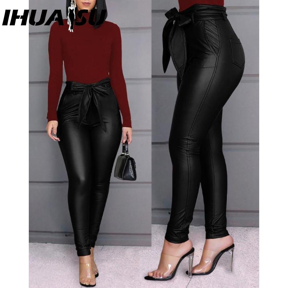 IHUASU Damen Kunstlederhose Hohe Taille Slim Leggings Jeggings Skinny Hose mit Gürtel