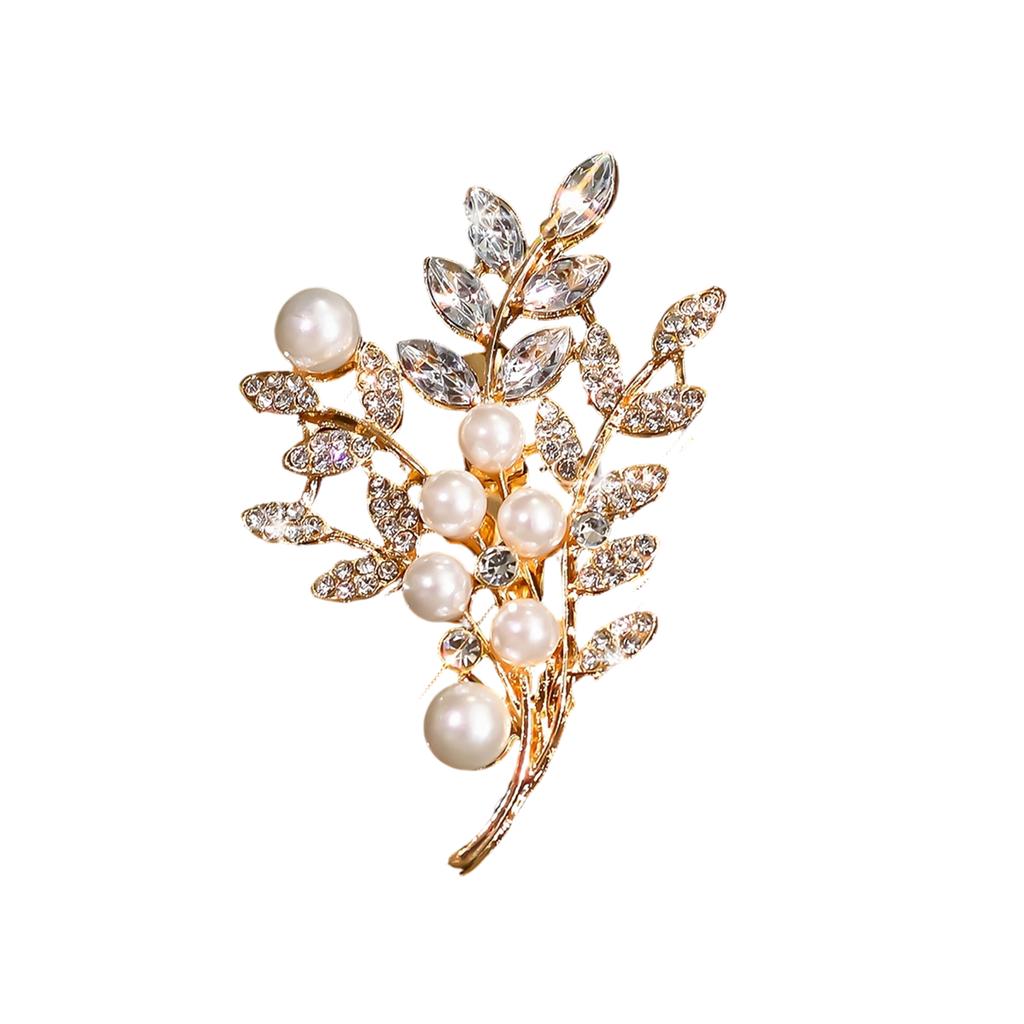 Fashion Pearl Flower Leaf Brooch Crystal Rhinestone Pin Elegant Floral Design Accessory for Women and Girls Suitable for Various Occasions