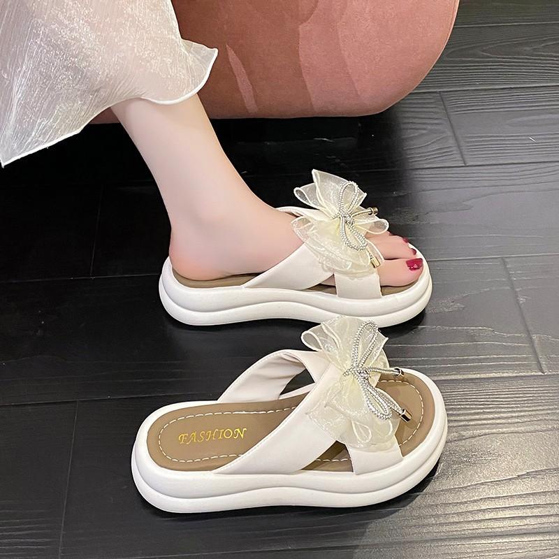 Bow Bear Women's Shoes Muffin Thick-soled One-word Drag Tide Beach Cool Slippers