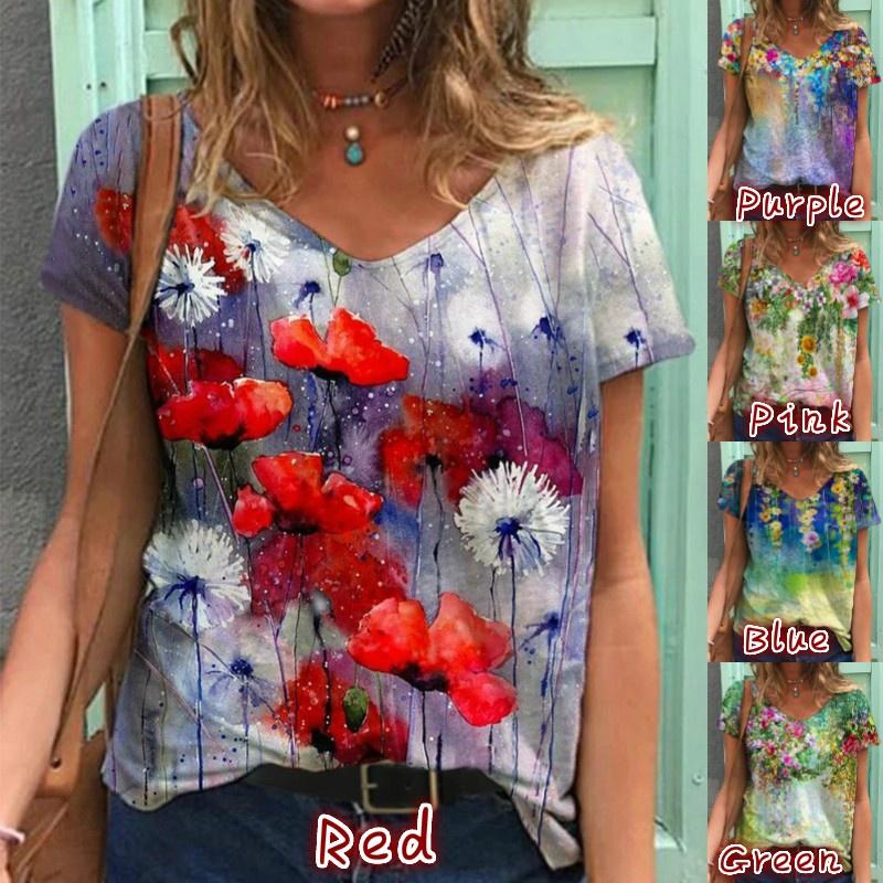New Women Fashion V Neck Slim Fit Short Sleeve Pullover 3D Flowers Print Plus Size Casual T Shirt Tops S-5XL