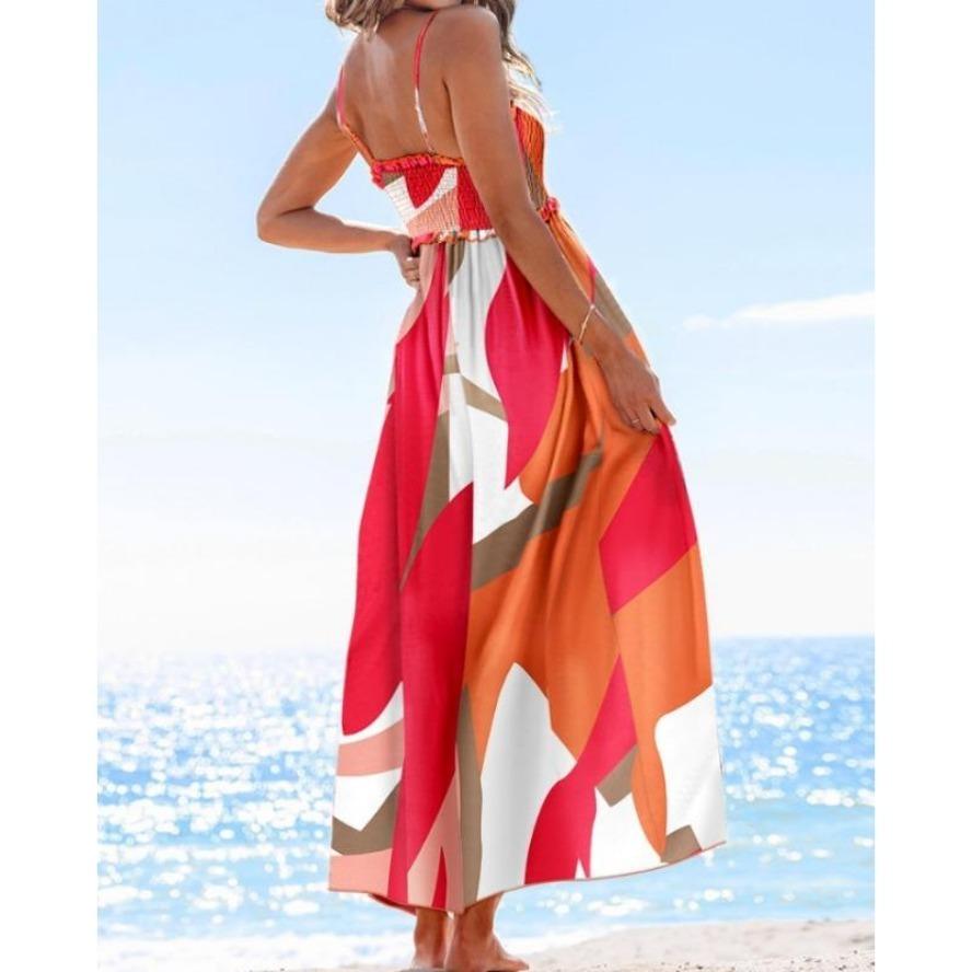 YYFS Dámská móda Léto Jaro Barevný blokový potisk Bez rukávů Ramínka Vysoký pas Ležérní šaty