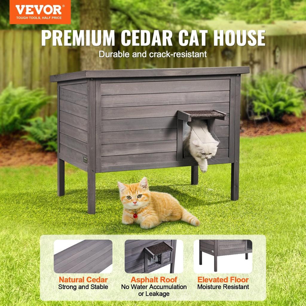 Outdoor Cat House Wooden Feral Cat Shelter with Roof & PVC Door Flaps