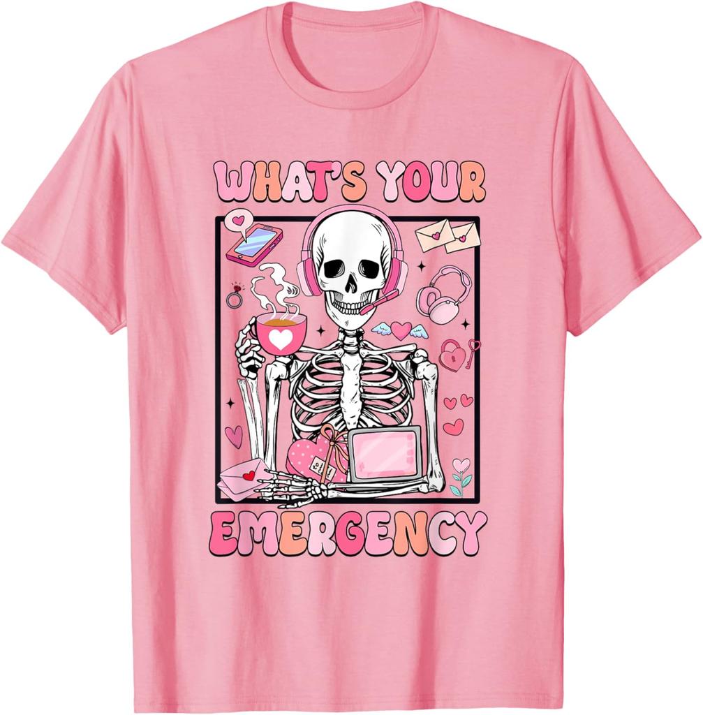 Skeleton Dispatcher Valentines Day Whats Your Emergency Graphic T-Shirt Men Casual Daily Cotton Tee