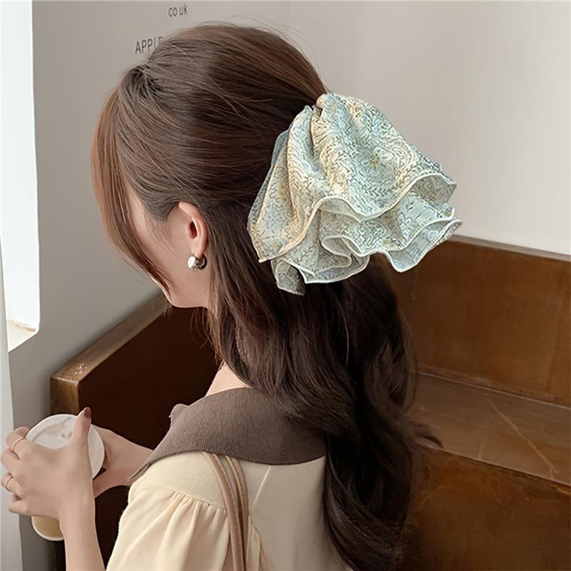 Haargummis für Damen, für den Sommer, süße doppellagige Chiffon-Kopfbedeckung mit Blumenmuster, Rand mit extra großem Darmhaar