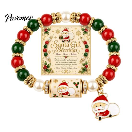 Holiday Gift for Women Christmas Bracelets Women, Beaded Charm Stretch Bracelet with Festive Snowman Jewelry Card, Stocking Stuffers, Party Accessory
