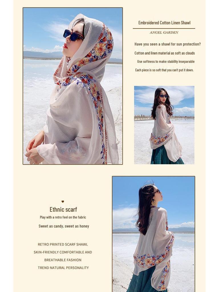 Bohemian Embroidered Ethnic Silk Scarf - Women's Beach Towel, Sun Protection Shawl, Photography Accessory