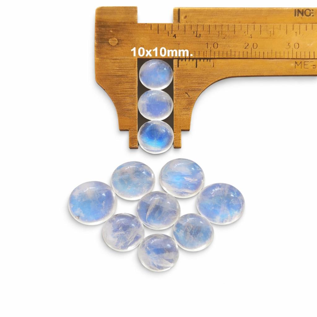 Natürlicher Regenbogen-Mondstein, runder Cabochon – 10x10 mm, glatter, flacher Edelstein zur Schmuckherstellung