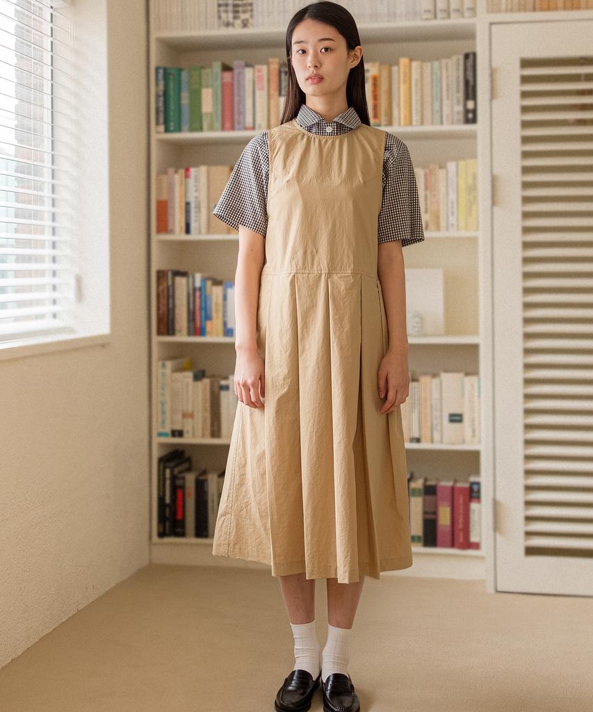 Cotton Bell Pleated Skirt Dress - Beige