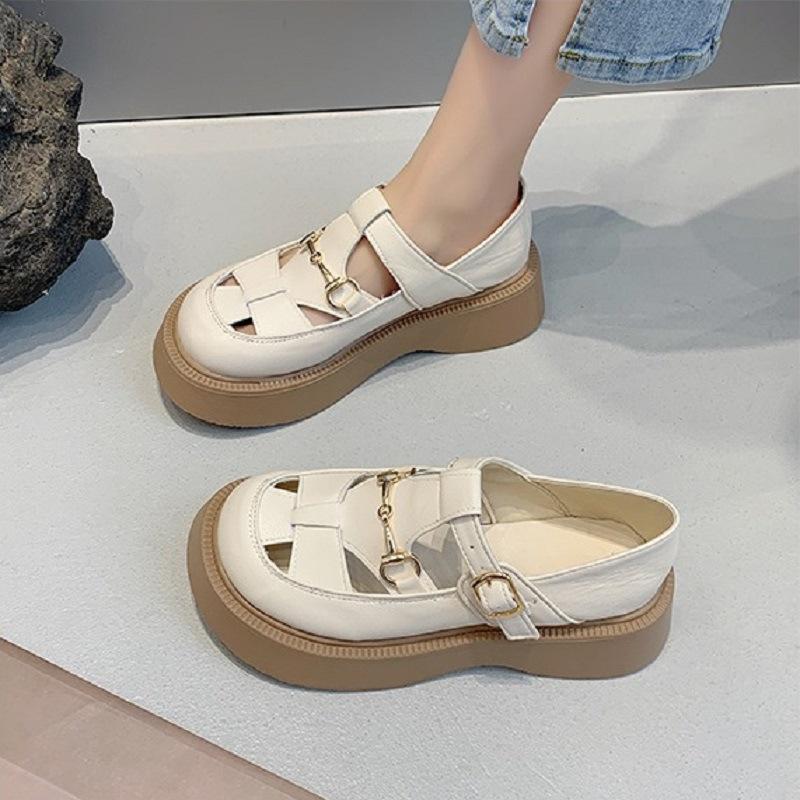 Woven hollow Roman baotou sandals women's summer 2025 new pig cage British style platform casual shoes