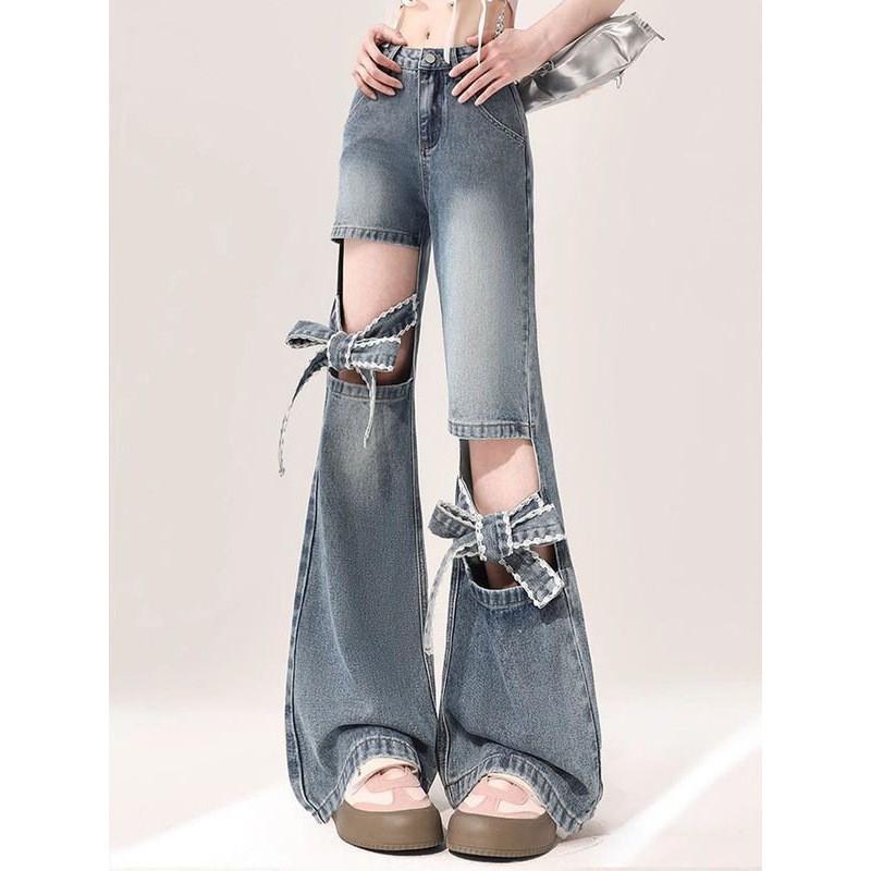 High Waist Distressed Denim Flare Pants Women Thin Cotton Blend Cropped Wide Leg Jeans With Bow Knot Detail