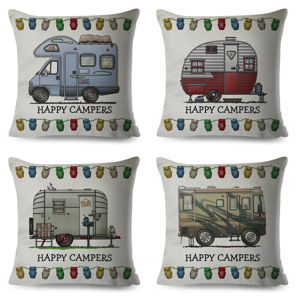 Happy Camper Pillowcase Decor Cartoon Travel Car Printed Pillow Case for Home Sofa Children Room Polyester Cushion Cover 45x45cm