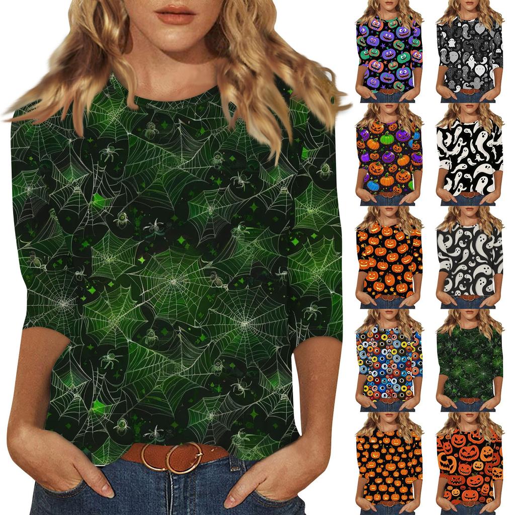 Women's Fashion Casual Three-quarter Sleeve Halloween Printed Round Neck Top