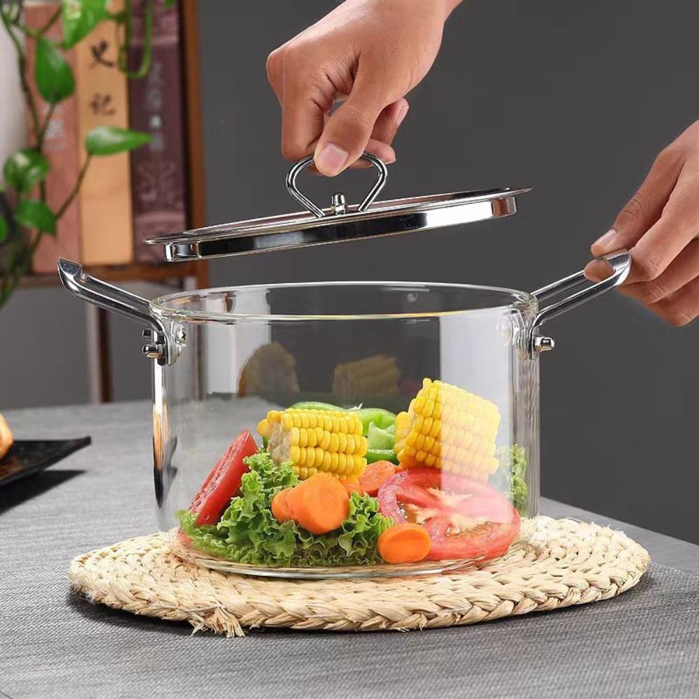Pentola in Vetro da 3,5L con Coperchio Resistente al Calore Manici Doppi in Acciaio Inossidabile Pentola per Cucinare Zuppa Latte Pasta Fornello Utensili da Cucina in Vetro