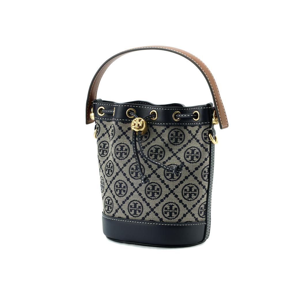 Tory Burch T Monogram All Over Print Drawstring Leather Bucket Bag Women Bags Dark-Blue-Denim 80534-405