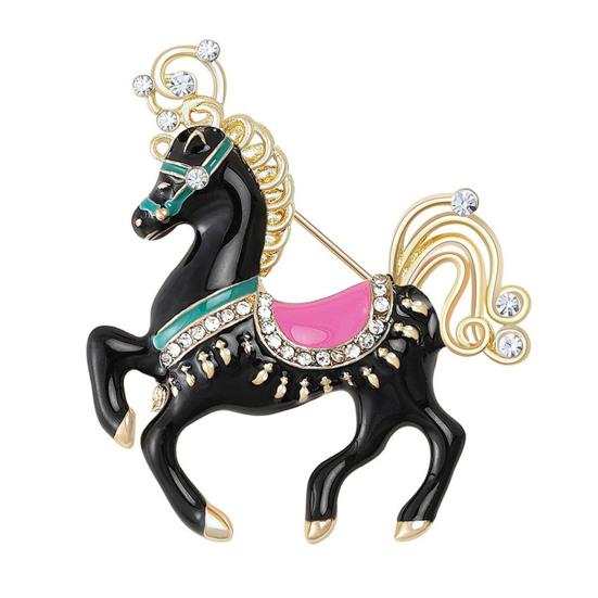 Brooch Zinc Alloy Enamel Pin Carousel Horse Pin with Rhinestones Encrusted Saddle Mane Coat Bag Hat Scarf Accessory