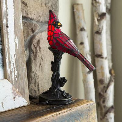 Crystal Table Lamp Cardinal Red Bird Stained Glass Night Light Halloween Decoration Lamps for Bedroom Living Room Decor