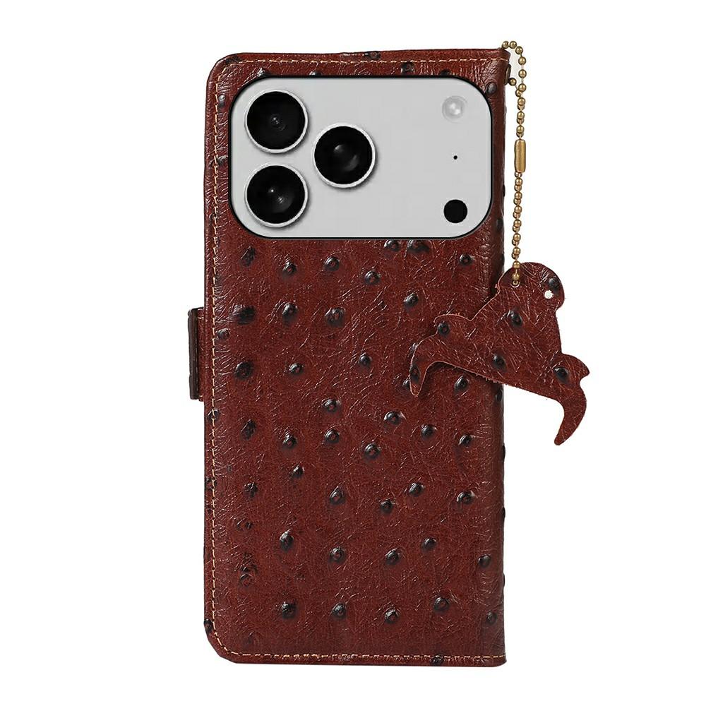 For iPhone 17 Pro Case RFID Blocking Genuine Cow Leather Phone Case Ostrich Texture