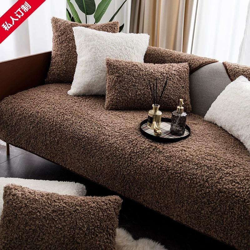 Winter Teddy Fleece Sofa Cushion Cover Non-Slip Thickened Universal Fit Luxury Style Full Coverage Leather Sofa Protector 70X70CM