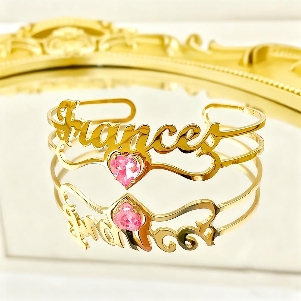 Custom Name Purple Birthstone Cuff Bangle For Women Punk Personalized Gold Color Bracelet Christmas Stainless Steel Jewelry Gift