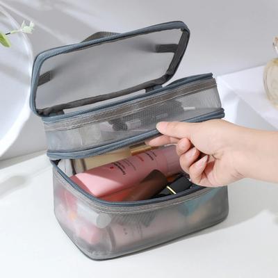 1pc Double Layer Mesh Makeup Bag, Wash Bag, Women's Portable New Large Capacity Storage Bag, Cosmetics Storage Bag