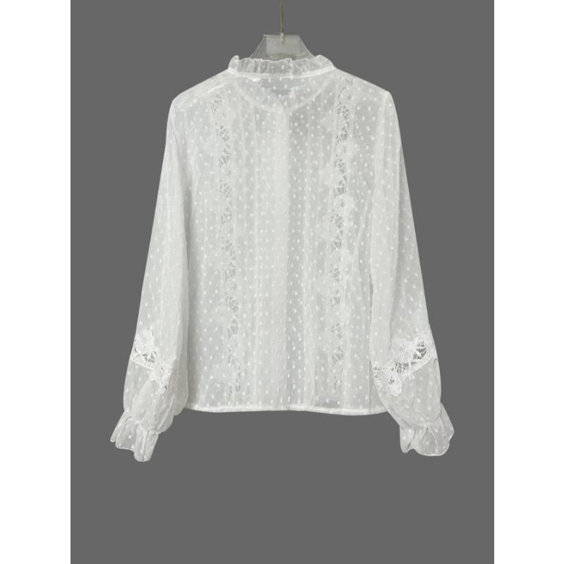 Frühling Herbst Neu Rüschen Stehkragen Spitze Hemd Elegant Locker Süß Häkeln Langarm Bluse Lässig Durchbrochen Lässig Einreihig Oberteil Kleidung