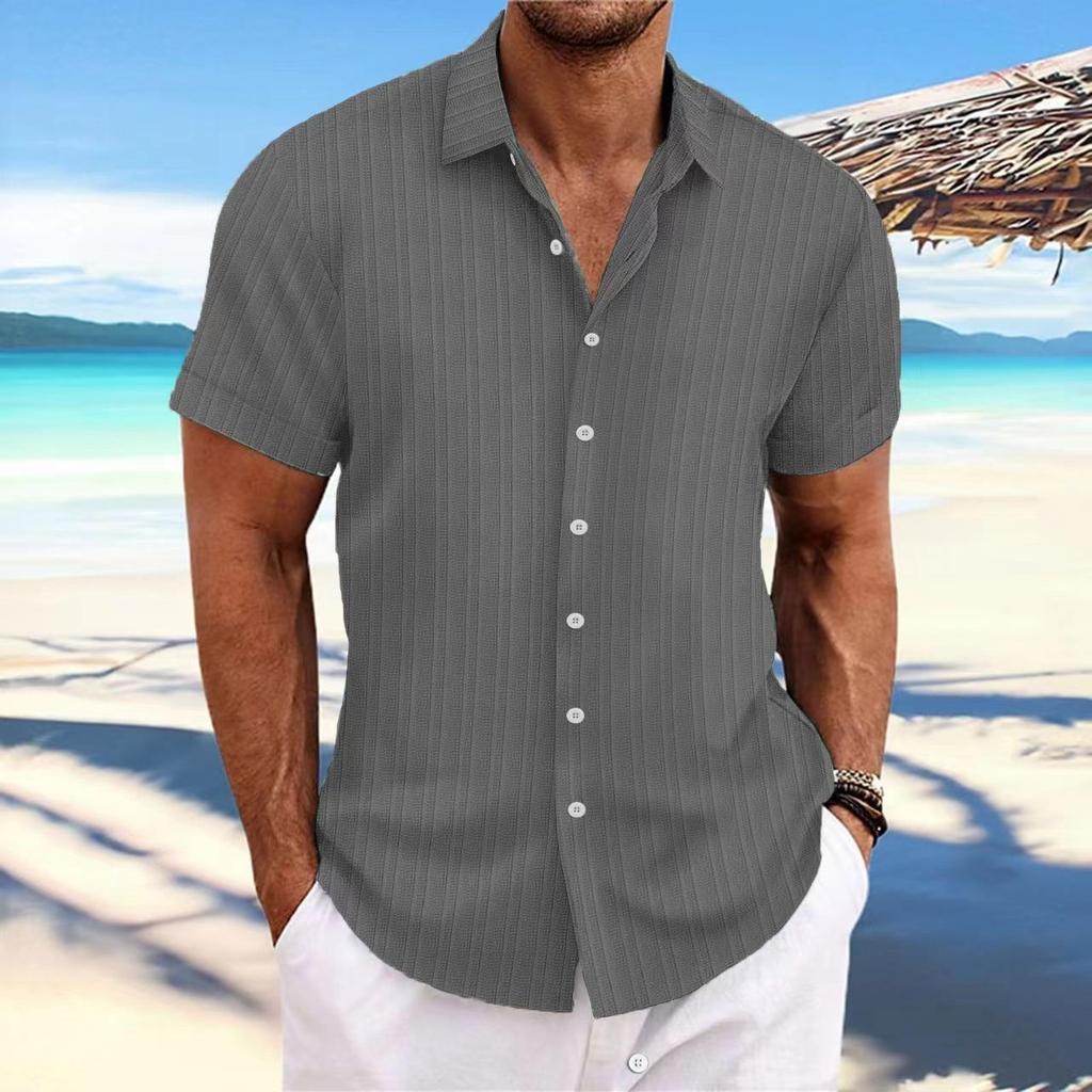 Herren Baumwolle Leinen Gestreift Atmungsaktiv Jacquard Kurzarm Freizeithemd