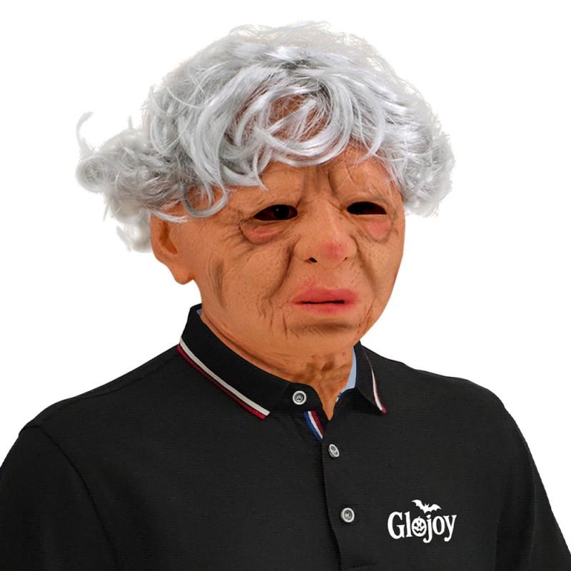 Funny Old Woman Mask Halloween Party Costume Accessory Realistic White Hair Granny Head