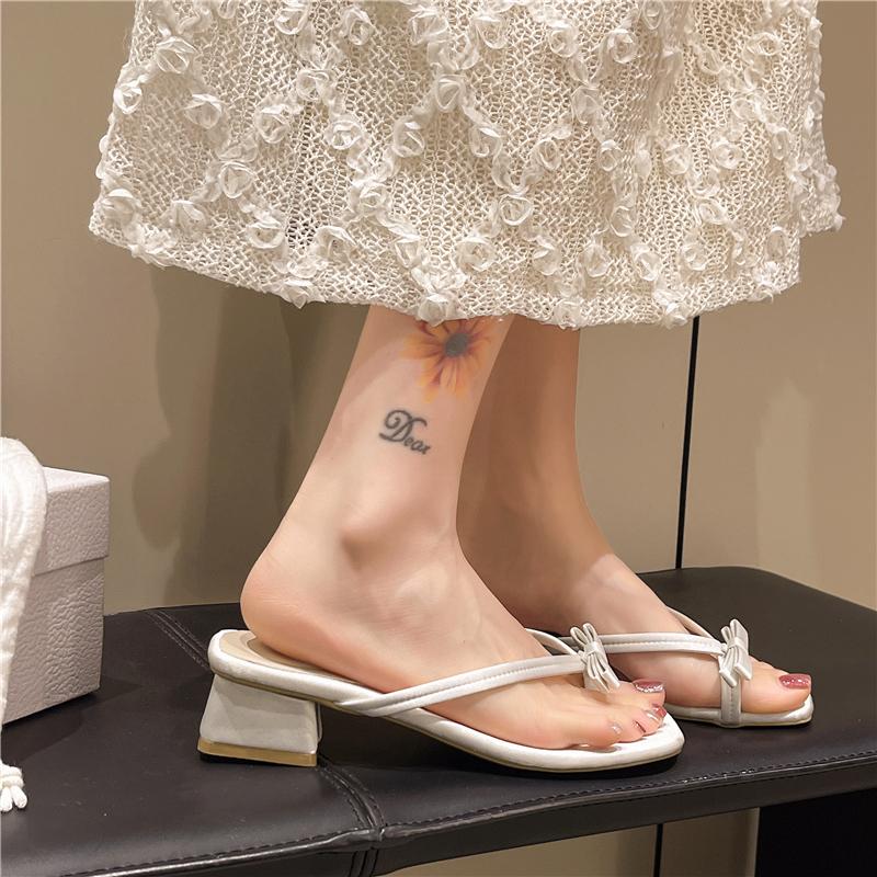 2025 Letní Pantofle se čtvercovou špičkou s mašlí Elegantní žabky pro ženy Střední podpatek s šaty Prodyšný design Pantofle Zapatos