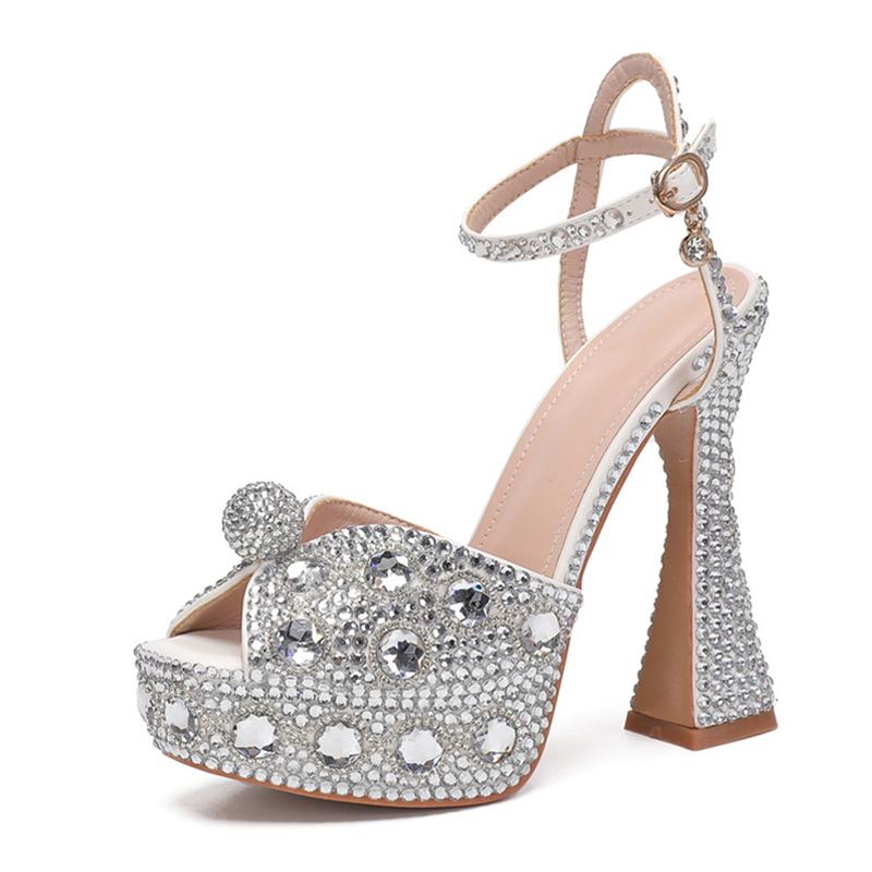 

Модная Liyke Подиумная Мода Кристалл Стразы Платформа Сандалии Женские Сексуальные Толстая Подошва Пип-То Супер Высокий Каблук Свадебные Банкетные Туфли 37 серебряный