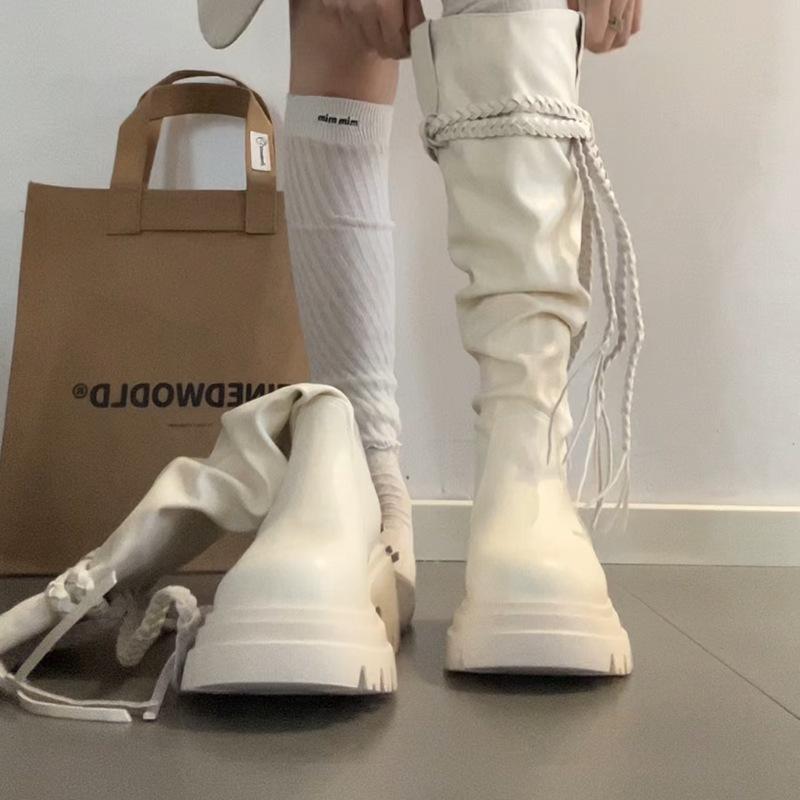Retro versatile tassel lace-up thick-soled knight boots women's 2025 autumn new thin small fashion boots