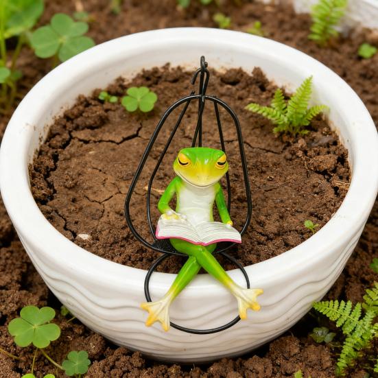 Hammock Chair Reading Frog Statue Cartoon Green Frog Figurine Resin Miniature Animal Sculpture Indoor