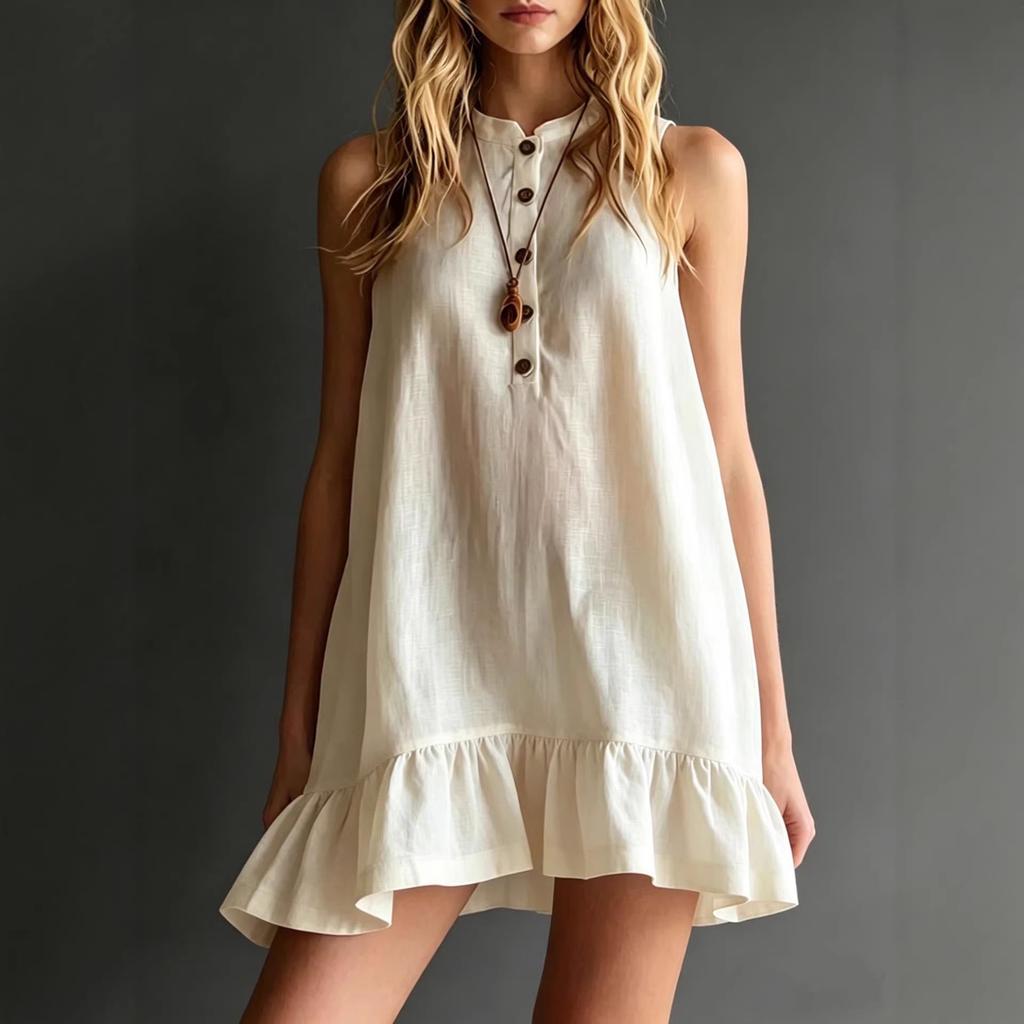 Women Sleeveless Button Front Mini Dress Casual Loose Fit Ruffle Hem Summer Dress