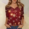 Dámské tričko s vánočním potiskem, 3/4 rukávy, pro každodenní nošení i na víkend, módní základní top s výstřihem do V, běžného střihu