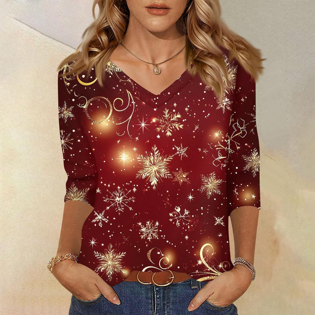 Damen T-Shirt Weihnachtsdruck 3/4 Ärmel Täglich Wochenende Mode Basic V-Ausschnitt Reguläres Oberteil