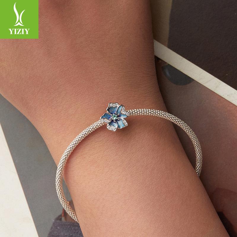 Argint Sterling S925 Mărgele de Poziționare din Silicon cu Floare Albastră, Accesorii pentru Brățară cu Mărgele DIY Floare de Primăvară