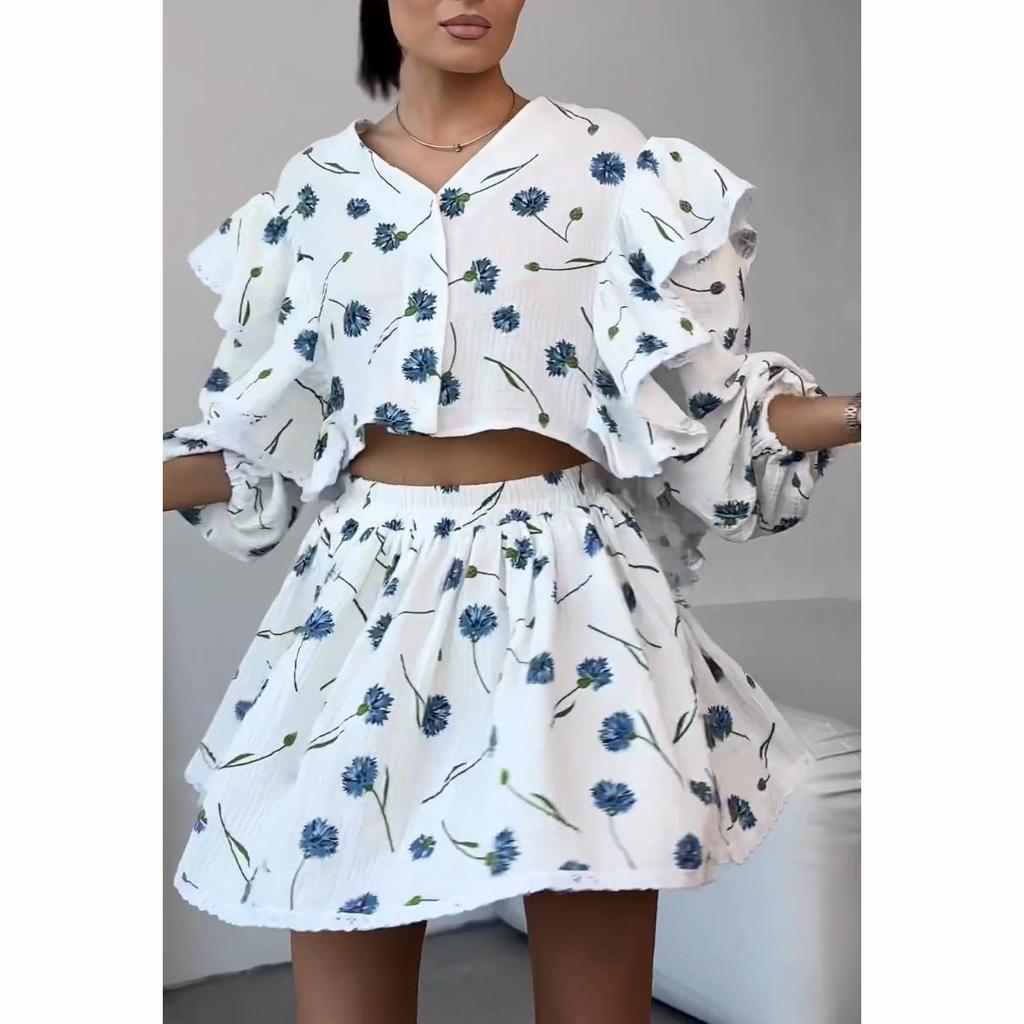 Women Cotton Linen Print Loose Suit Women Lantern Sleeve Ruffles V Neck Patchwork Single Breasted  High Waist Mini Skirt Suit