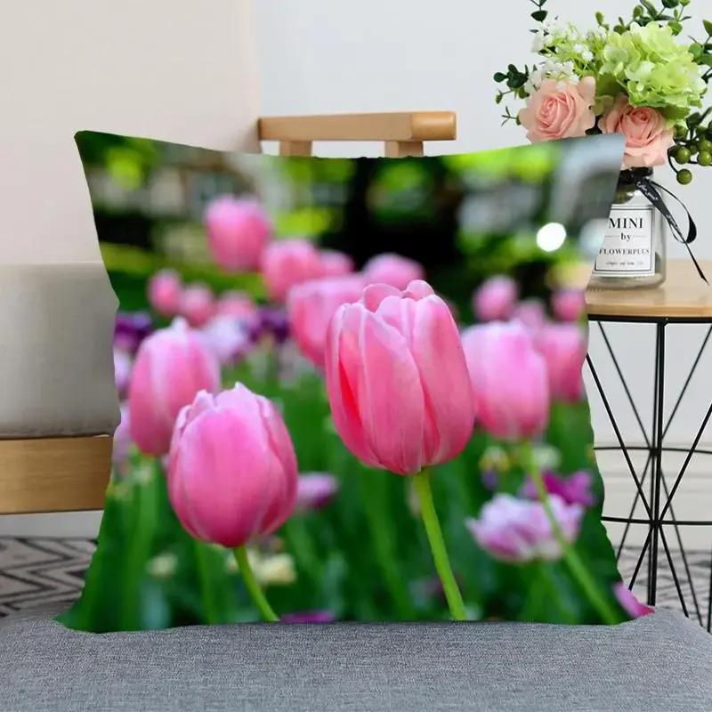"Floral Tulip Pillowcase, Soft Cotton - Vibrant Flower Design for Spring Decor, Comfortable and Stylish, Perfect Gift for Home"