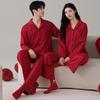 Pure Cotton Red Cardigan Pajama Set - Long Sleeve, Long Pants for Couples