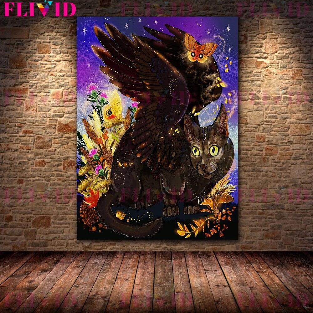 Flying Fox,Raven Winged Cat,Gold Mule-Deer Vintage Wall Art Canvas Painting Mysterious Magical Creature Art Poster Print Decor No Frame