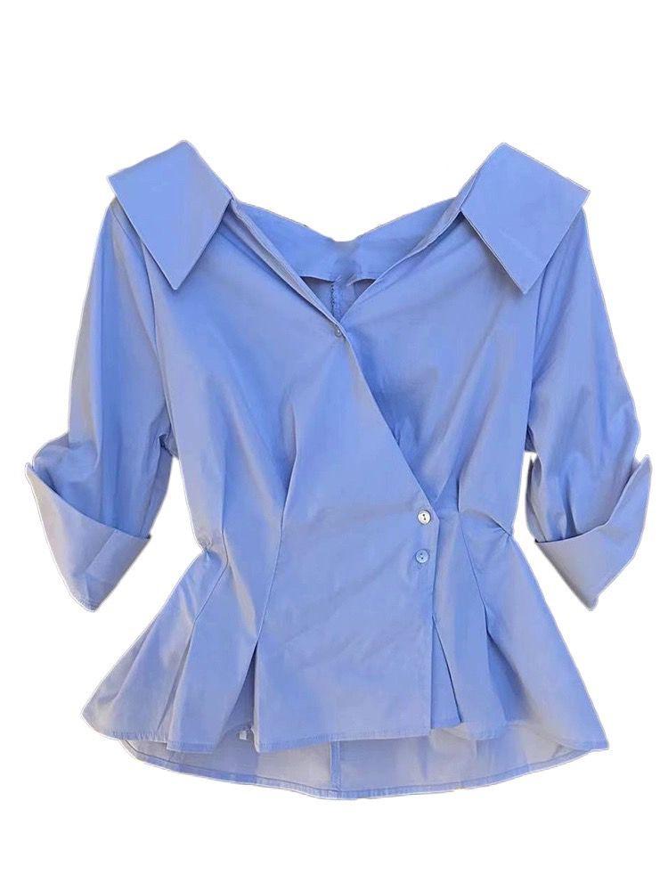 

2024 Лето Женская Повседневная Мода Элегантная Повседневная V-образный вырез Пуговицы Однотонная Плиссированная Приталенная Талия Высокого класса Топ Рубашка S синий