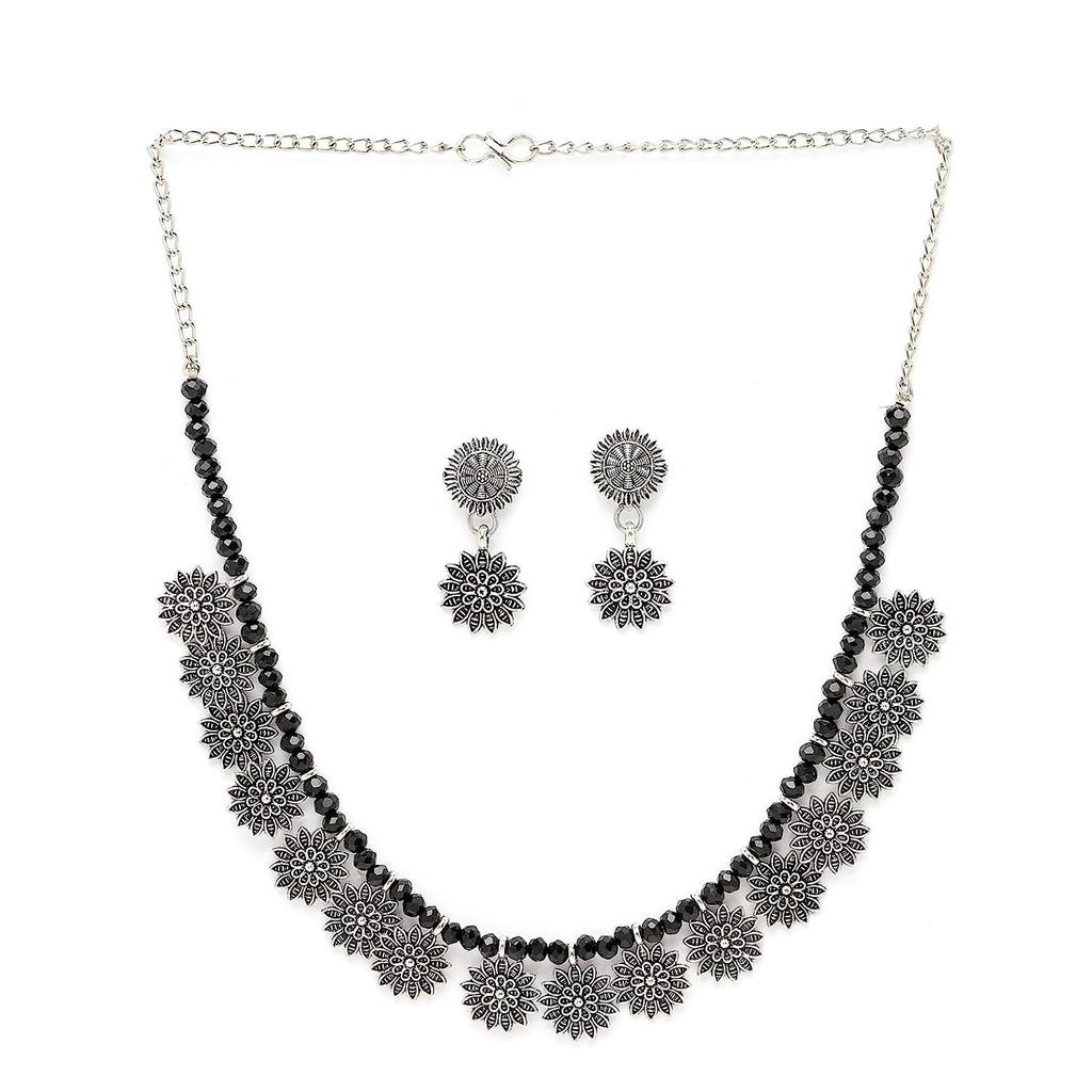 Trendy Oxidised Silver Plated Floral Shaped Choker Necklace Set For Women