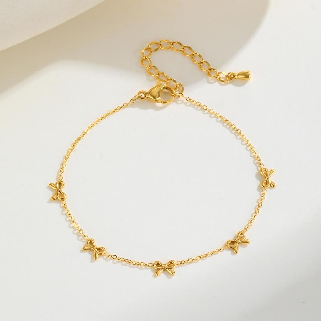 Minimalist Bowknot Bracelet for Women,Gold Color Stainless Steel Flat Rolo Chain Bow Bracelets,Trendy Waterproof Jewelry Gifts