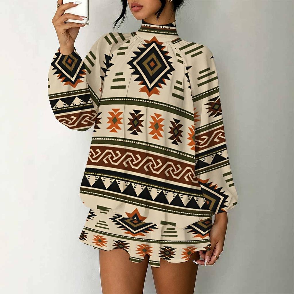 Women's 3D Gradient Brushstroke Print Mock Neck Long Sleeve Dress, Raglan Sleeve Fake Two Piece Mini Dress