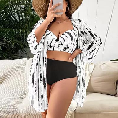 Mesh Push Up Bikini 3 Stück Set Badeanzug Frauen Plus Size Bademode Sexy Hohe Taille Biquini mit Cover Up Badeanzug mujer 2025