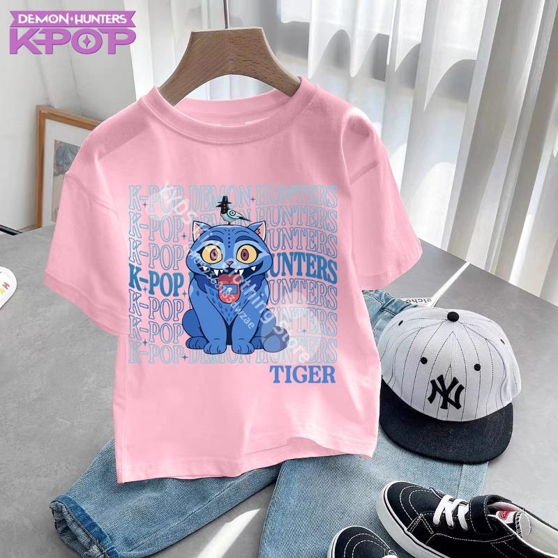 Kpop Demon Hunters Purple T-shirts Girls Cartoon Number Printed Short-sleeved Top Children Summer Sweet T-shirt Birthday Gift