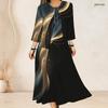 Women Plus Size Black Gold Printed Two Piece Set Bow Tie Neck Three Quarter Sleeve Cardigan Sleeveless Long Dress