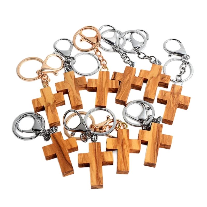 Religious Wooden Crosses Keychain Pendant Key Holder Metal Keyring Everyday Use Key Ornament for Christian Believers