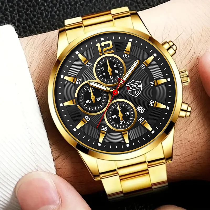 3pcs/set Men's Fashion Calendar Casual Stainless Steel Quartz Watch & Bracelet & Necklace, Men's Gifts