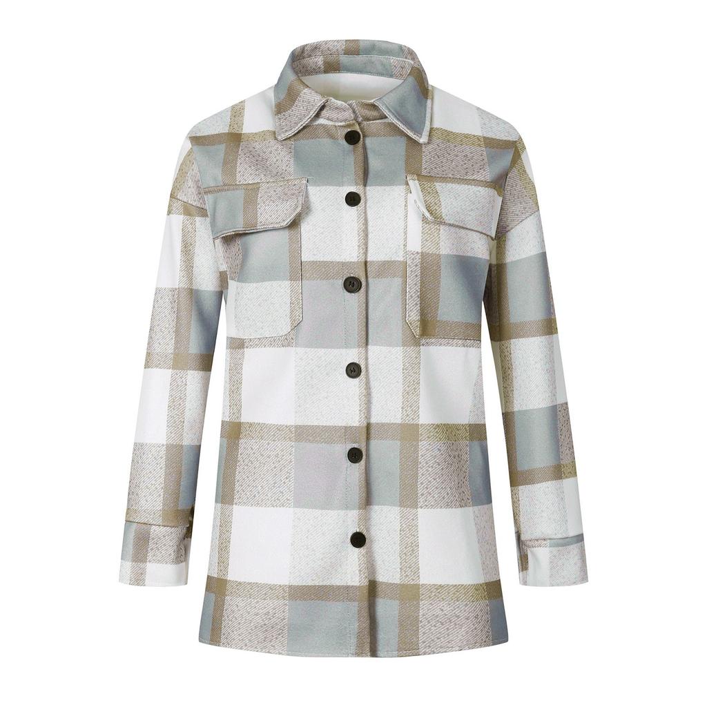 Women's Brushed Plaid Shirts Long Sleeve Flannel Lapel Button Down Pocketed Shacket Jacket Coats